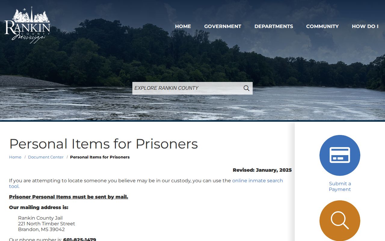 Rankin County Adult Detention Center release property and contact information